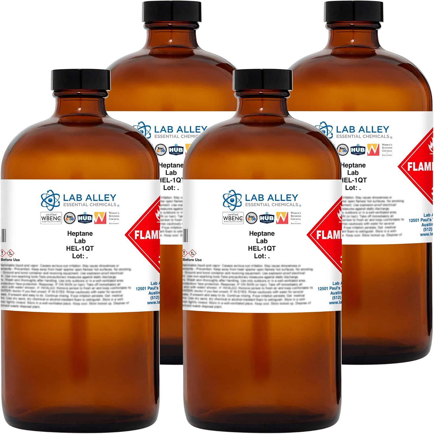 Lab Alley Heptane Lab Grade Solvent, n-Heptane Chemical Solvent for Cleaning, Sample Preparation & Nonpolar Applications, 1 Gallon (4 x 1 Quart Bottles)